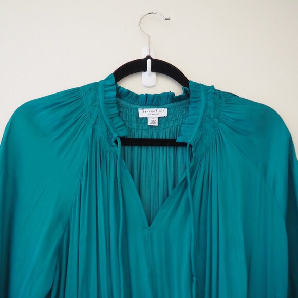 * Anthropologie Current Air Teal Satin Samantha Smocked Long Sleeve Mini Dress - Picture 6 of 11